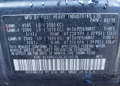 2012 Subaru Outback 2.5I Premium from USA, damaged, VIN 4S4BRCCC6C3276218